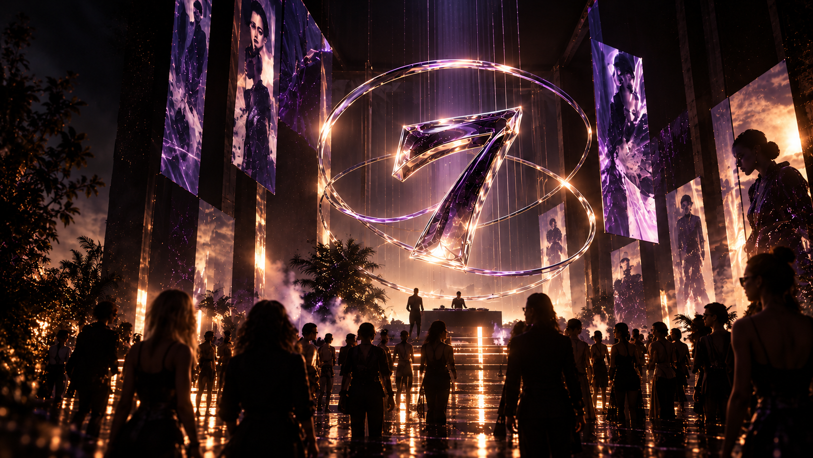 A crystalline seven suspended in glowing orbital rings above a gathering.